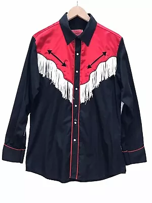 Vintage Ranger's Western Cowboy Shirt Pearl Snap Fringed Red Satin & Black Sz M • $58.99