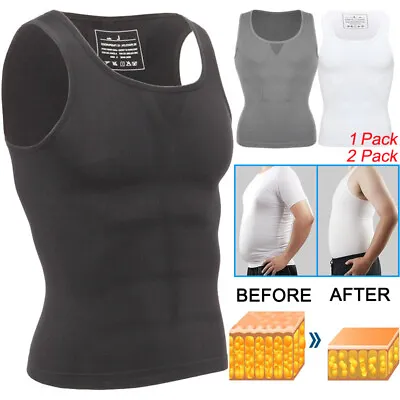 Mens Slimming Body Shaper Vest Shirt Chest Boobs Compression Tank Tummy Control • £14.79