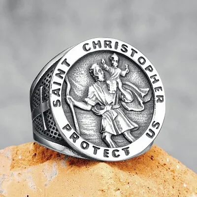 St Christopher High Quality Stainless Steel Men Patron Saint Cross Ring Traveler • £10.61