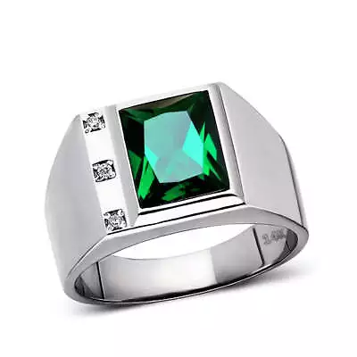 Solid 14K White Gold Emerald Mens Ring 0.06ct Natural Diamonds Ring For Men • $854