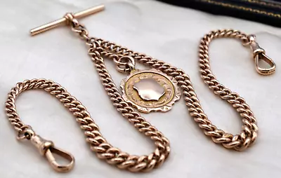 HM ANTIQUE 9ct ROSE GOLD DOUBLE ALBERT CHAIN T BAR DOG CLIPS + 9ct WATCH FOB 34g • £980