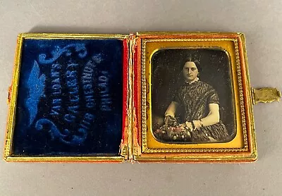 Woman Holding Hand-colored Flowers By Van Loan Phila. 1/6 Plate Daguerreotype • $81