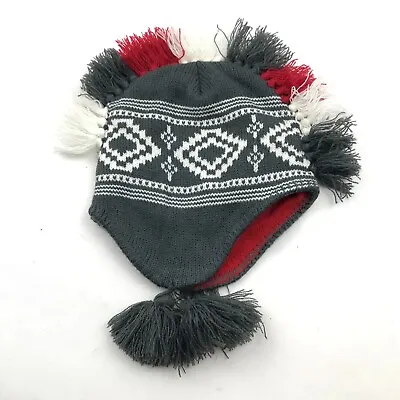 Mohawk Beanie Hat Cap Gray White Red Ear Flaps One Size Cable Knit Adult Mens • $11.26