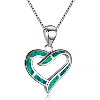 Women's Pretty Heart Green Simulated Opal Silver Pendant Chain Necklace Jewelry • $0.44