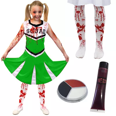 Girls Zombie Cheerleader Green Halloween Fancy Dress Costume Kids Death • £10.99