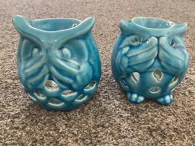 £7.95 • Buy Ceramic Owl Oil Burner Blue, See No Evil Speak No Evil Wax Simmering Granules