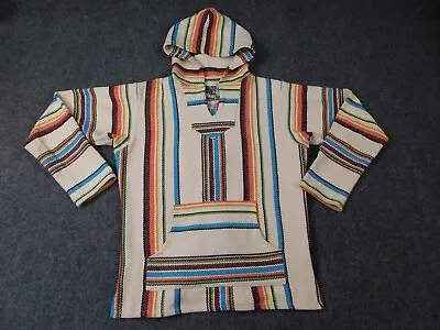 Senor Lopez Baja Hoodie Mens Medium Colorful Striped Woven Pullover Poncho • $19.95