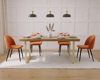 Industrial Mango & Brass Dining Set 150cm - 6 Seater Orange Velvet Black Leg ... • £804.64