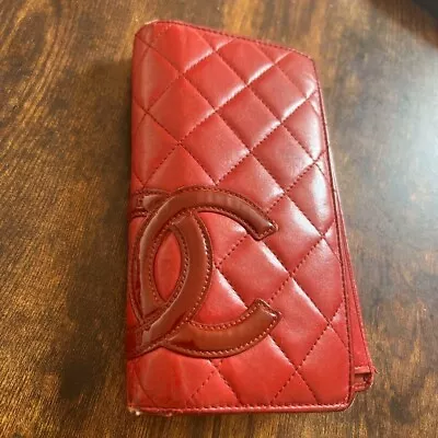 Authentic CHANEL Cambon Line Long Wallet Bi-fold Red Leather Coco Mark Rare • £191.28