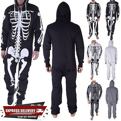 Mens All In One Skeleton Halloween Scary Hooded Horror Costume Zip Up Jumpsuit • £13.99