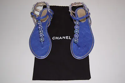 CHANEL Quilted Petals T-Strap Flats Thong Sandals Blue Size 35C Pre-owned • $269.99