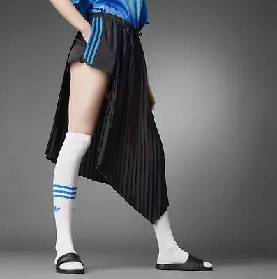 Adidas Black Blue Satin Elastic Waist Pleated Asymmetric Skirt Sz L • $48.99