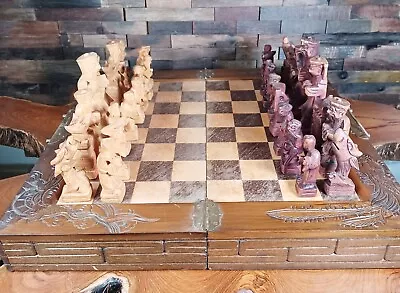 VTG Asian Hand-Carved Wood Folding Travel Chess Set W Dragon & Brass Details • $80
