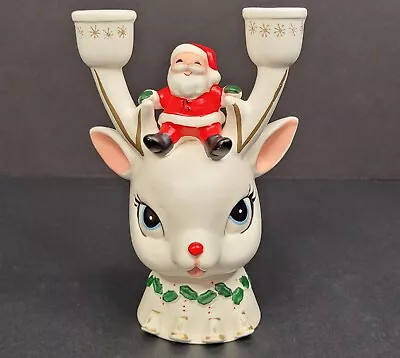 Vintage Napco Candlestick Holder Rudolph Reindeer Santa Ceramic 1962 ICX5394 • $200