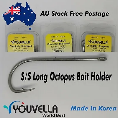 Fishing Hooks Korean Youvella S/Steel Long Shank Bait Holder Octopus 30pc Bulk  • $23.99