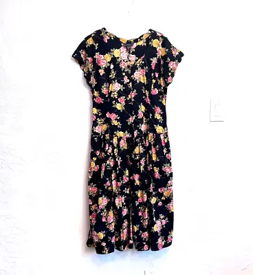 Starina Vintage Drop Waist Dress Knee Length Side Pockets Great Floral Size L • $29.99