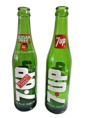 Vintage 7up 10o Green Glass Soda Bottles Set Of 2 Sugar Free/Reg 1970s • $11.99