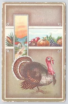 Holiday~Turkey Fruit & Homes On Hill Cordial Thanksgiving~Vintage Postcard • $3.70