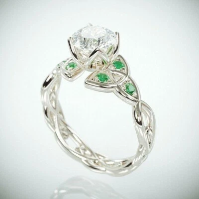 $139.99 • Buy 2Ct Round Simulated Diamond Emerald Trinity Celtic Ring 14k White Gold Plated