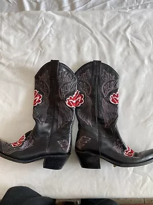 £247.50 • Buy Sancho Boots Black Leather Pink Red Flower Size 38