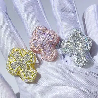 Mens Iced Blinged Out Baguette 5A Prong Set Cross Hip Hop Rings • $39.99