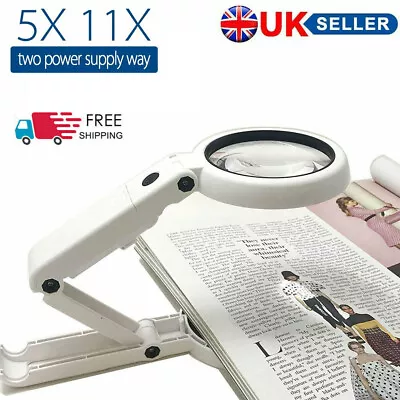 5X / 11X Magnifying Glass With Light 8 LED LAMP Magnifier Foldable Stand Table • £9.39