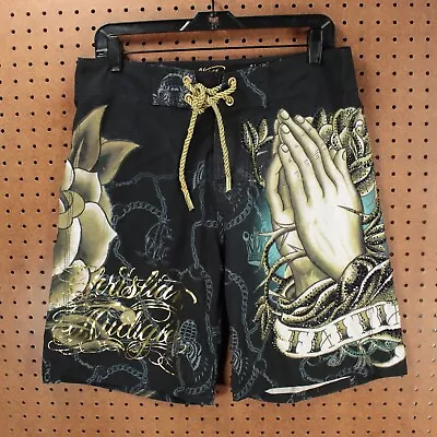 CHRISTIAN AUDIGIER Board Shorts Sz 32 Rhinestone Rose Jesus 00s Ed Hardy • $58