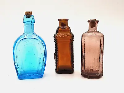 Lot Of 3 Vintage 3  Wheaton Glass Bottles Blue Horseshoe + Amber & Purple • $10