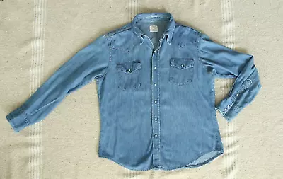 Vintage JC Penney's Big Mac Denim Western Shirt Light Blue Pearl Snap Large L • $39