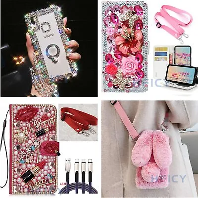 Girls' Women Bling Diamonds Case Wallet Phone Cover & Crystal Crossbody Strap A • £13.19