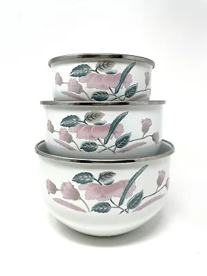 Mikasa Enamelware Nesting Mixing Storage Bowl Set 3pc Set With Lids Vintage • $28.52