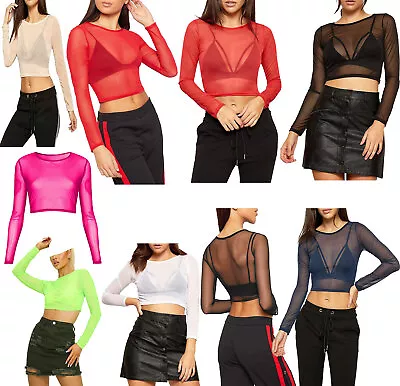 Women Sheer Mesh Crop Top Ladies Long Sleeve See Through Stretchy Blouse T Shirt • £7.99