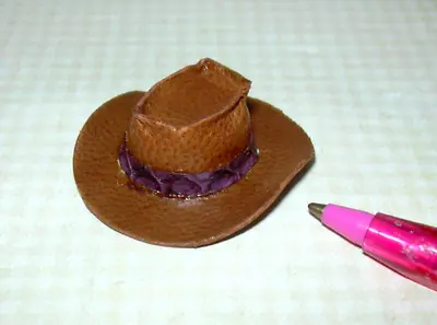 Miniature Prestige NEW BROWN Leather Cowboy Hat PURPLE Band: DOLLHOUSE 1:12 • $11.98