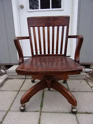 Antique Solid Oak Mission Bankers Lawyers Desk Arm Chair Swivel Rolling • $229.98