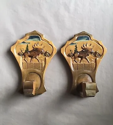 VINTAGE MOOSE CANDLE SCONCES 1940-50’s HAND CARVED WOODEN WALL MOUNT CABIN LODGE • $29.95