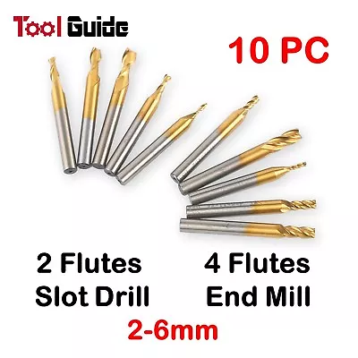 10PC 2 + 4 Flute Finishing End Mill + Slot Drill Milling Cutter M2 HSS Titanium  • $48.47