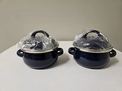 Set Of 2 Blue Genuine Porcelain On Steel .5 Qt Covered Soup Casseroles Nib • $19.99