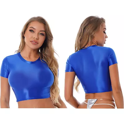 Womens Glossy Crop Tops T-shirt With Shorts Stretchy Fitness Sportswear Swimwear • $9.11