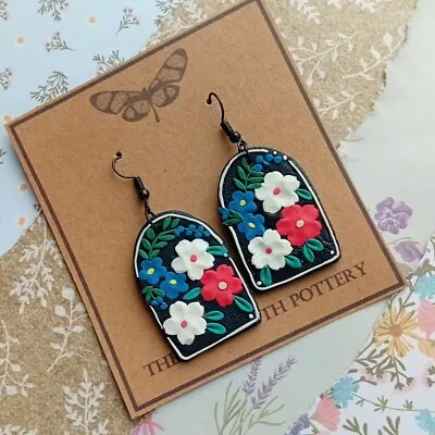 Handmade Polymer Clay Earrings Clearance Only £5! Folk Art Arch Black No19 • £5