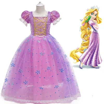 $33.26 • Buy Girls Princess Rapunzel Dress + Free Cuff Sleeves Tutu Costume Size 3-10 Years