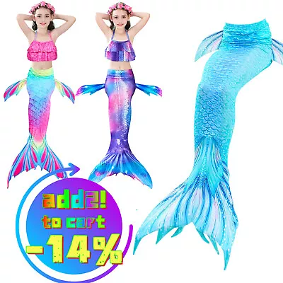 Kids Mermaid Tail With Monofin Swimmable Bikini Set Swimsuit Swimming Costume UK • £11.49