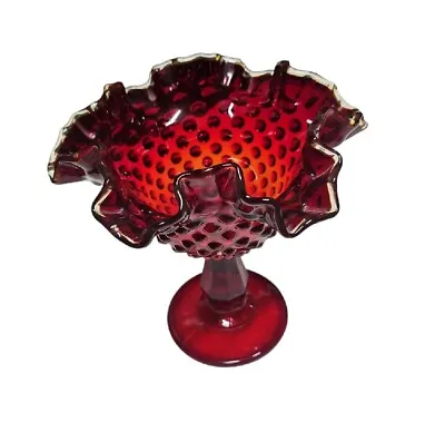 Fenton Pedestal Candy Dish Ruby Red Ruffled Edge Crested Hobnail Compote • $37.95