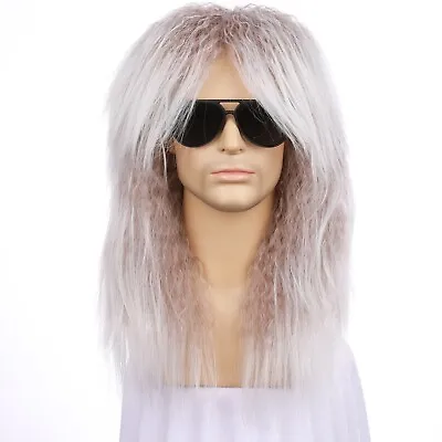 Onedor Men's Long Curly Synthetic Hair 80s Punk Rock Cosplay Wigs (Silver White) • $14.99