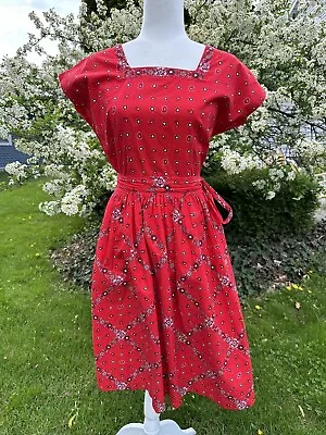 Vintage 60s Swirl Red Bandanna Wrap Dress Open Fit • $75