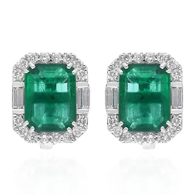 SI/H Diamond Zambian Emerald Octagon Stud Earrings 18k White Solid Gold 6.87 Tcw • $5809.50