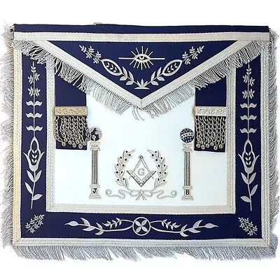 Master Mason Blue Lodge Apron - Navy Blue With Pillars Silver Hand Embroidery • $75