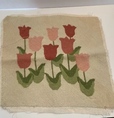 Vintage Needlepoint Canvas Completed Panel/w Tulips 14”x15” • $70