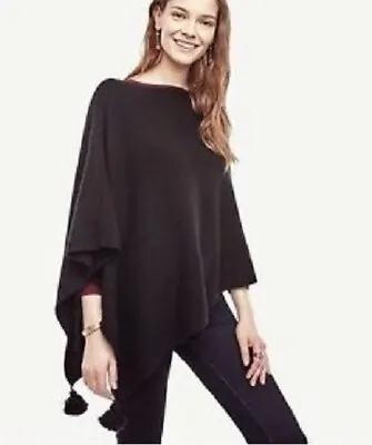 Ann Taylor Black Tassle Wool | Nylon Cashmere Cape Poncho Cozy Wrap One Size • $24.99