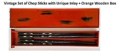 Vintage Set Of Chop Sticks With Unique Inlay + Orange Wooden Box • $18