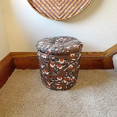 Vintage Round Brown Floral Fabric Footstool Ottoman Hassock Pouf W/Storage 15 T • $124.99